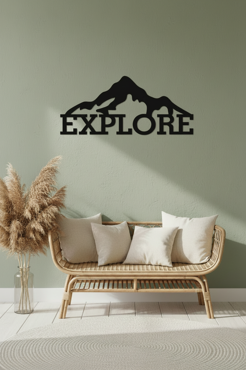 Explore wanddecoratie op saliegroen muur boven rotan bank, boho woonkamer